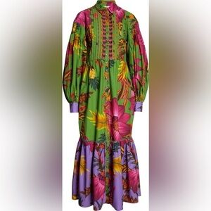 FARM RIO M Flowers Balloon Sleeve Maxi ShirtDress